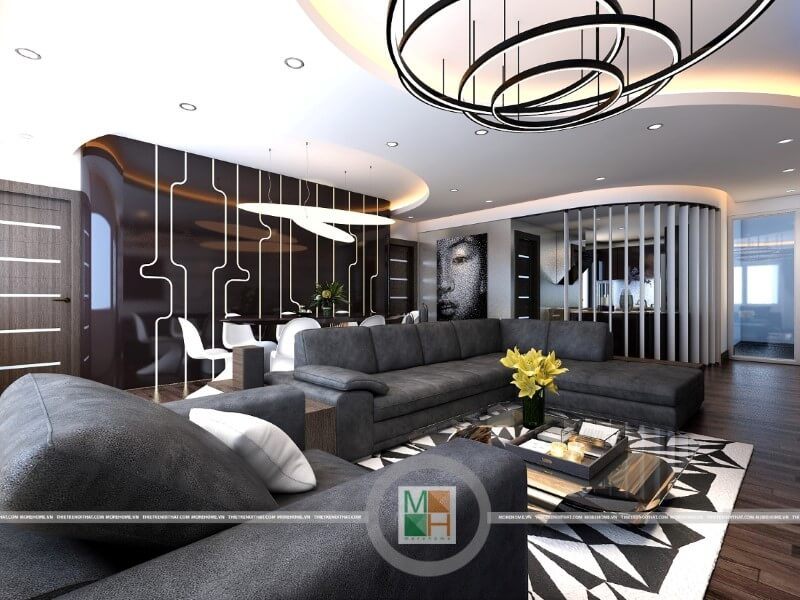Mẫu thiết kế nội thất phòng khách chung cư đẹp với đồ nội thất sang trọng: sofa da cao cấp, đèn trang trí, gỗ ốp sàn,...mang đến không gian sống đẳng cấp cho gia chủ