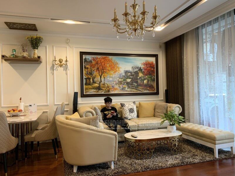 Công trình hình ảnh thi công sofa tân cổ điển bọc da đẹp sang trọng cho phòng khách chung cư Vinhomes Nguyễn Chí Thanh quận Đống Đa Hà Nội